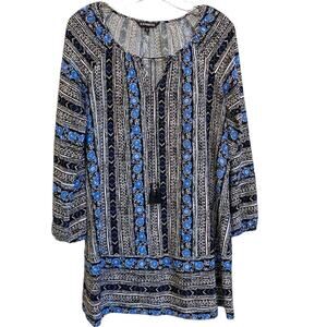 Express Blue Aztec Floral Long Sleeves Tasseled Neck Tunic Mini Dress XS‎ NWOT